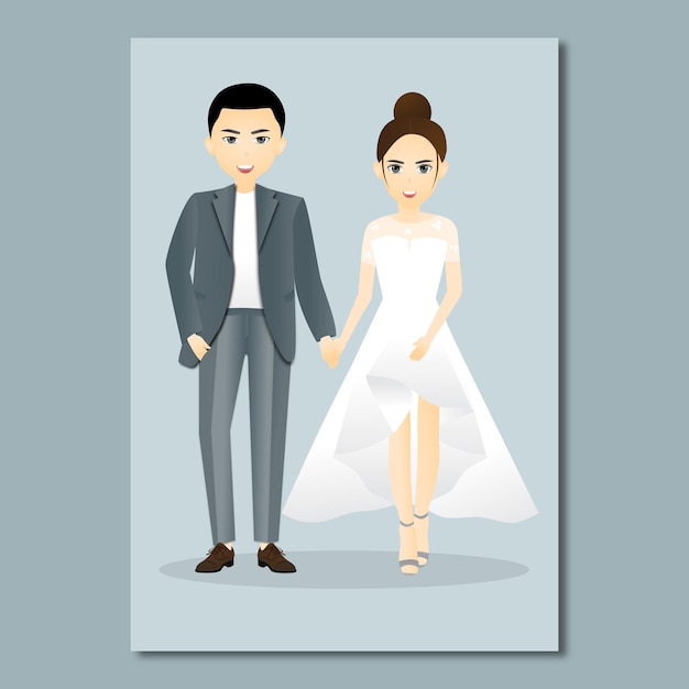 Niedliche hochzeitsbraut und bräutigam paar hochzeitseinladungskarte premium vector