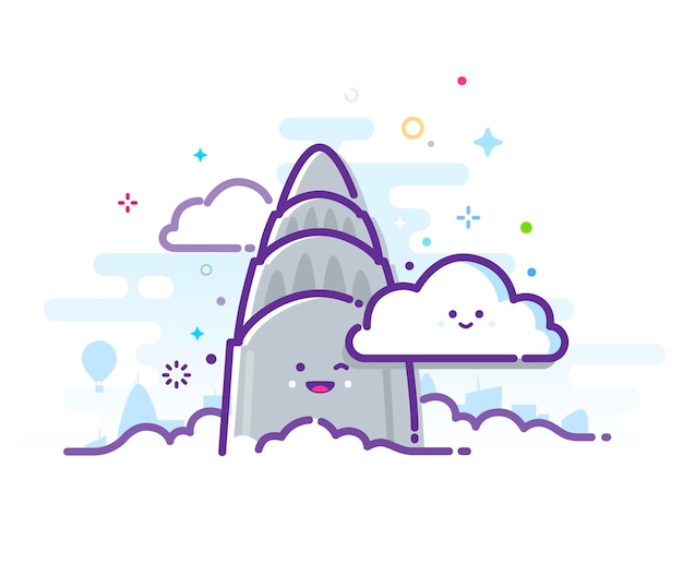 Niedliche illustration eines wolkenkratzers und wolken