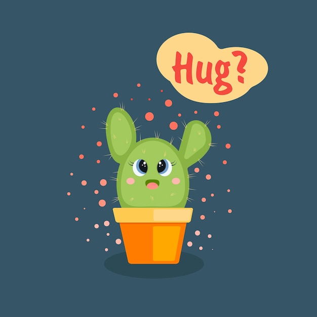 Niedliche illustration mit grünem kaktus der großen augen in einem topf, der umarmung sagt?
