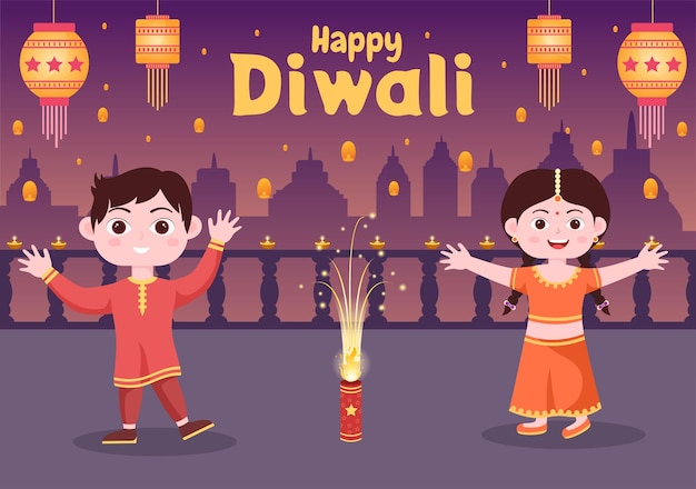Niedliche indische kinder feiern den diwali-tag mit laternen, zünden feuerwerk und mandala oder rangoli-kunst mit dem hintergrund-vektor-illustration-festival der lichter an