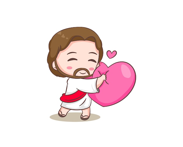 Niedliche Jesus-Christus-Zeichentrickfigur, die großes Liebesherz umarmt. Handgezeichneter Chibi-Charakter