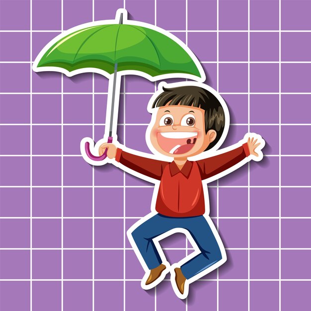 Vektor niedliche junge cartoon-figur mit regenschirm-sticker-stil