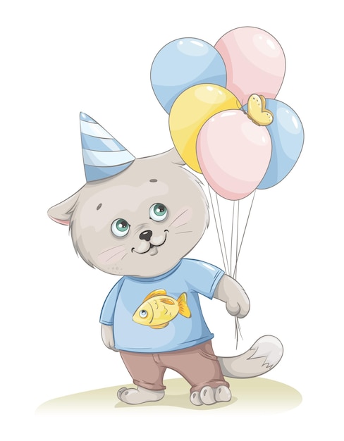 Niedliche Kätzchenkarikaturfigur, die Luftballons hält