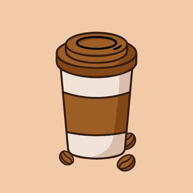 Niedliche kaffeetasse aus papier mit kaffeebohnen cartoon-symbol vektor-illustration symbol für kaffeegetränke symbol für flache umrisse des vektors