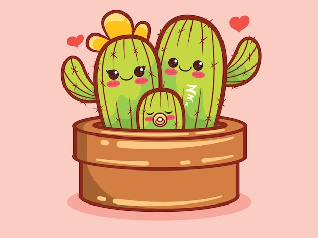 Niedliche kaktusfamilie zeichentrickfigur und illustration.