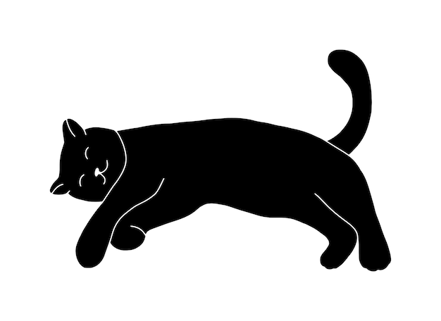 Niedliche Katzensymbol-Silhouette isoliert auf weißem Hintergrund. Einfacher schwarzer Druck mit schlafendem Kätzchen als Haustier. Umrissillustration im Doodle-Stil für Kinder