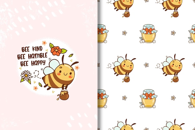 Vektor niedliche kawaii-bienen-cartoon-vektorillustration druckvorlage für kinderkarten und nahtloses muster