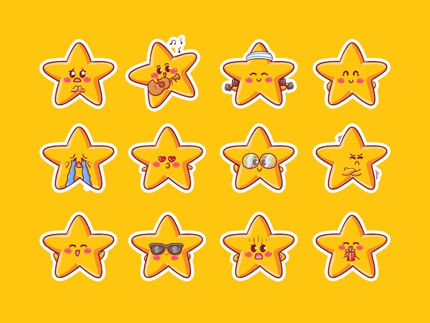 Vektor niedliche kawaii-stars-charakter-aufkleber-illustration mit verschiedenen glücklichen ausdrucks-aktivitäten für maskottchen