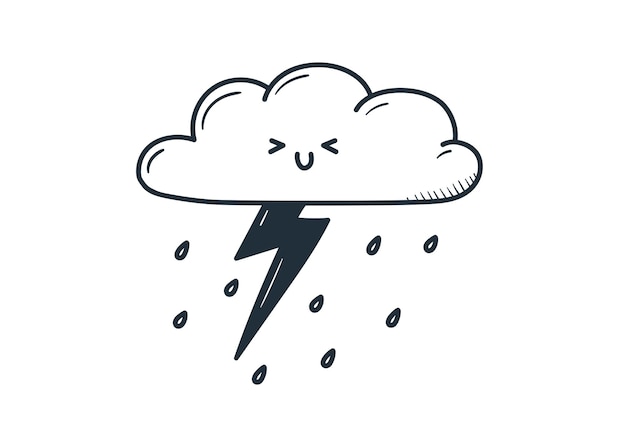 Niedliche kawaii Wolke mit Gewitter und Regengekritzel-Cartoon-Stil