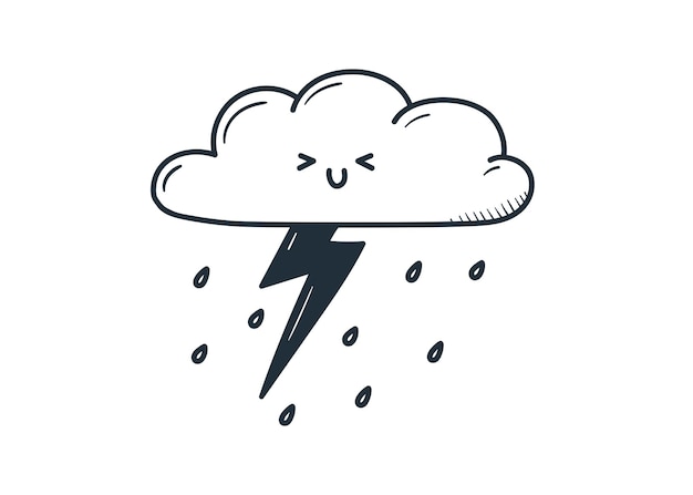 Niedliche kawaii wolke mit gewitter und regengekritzel-cartoon-stil