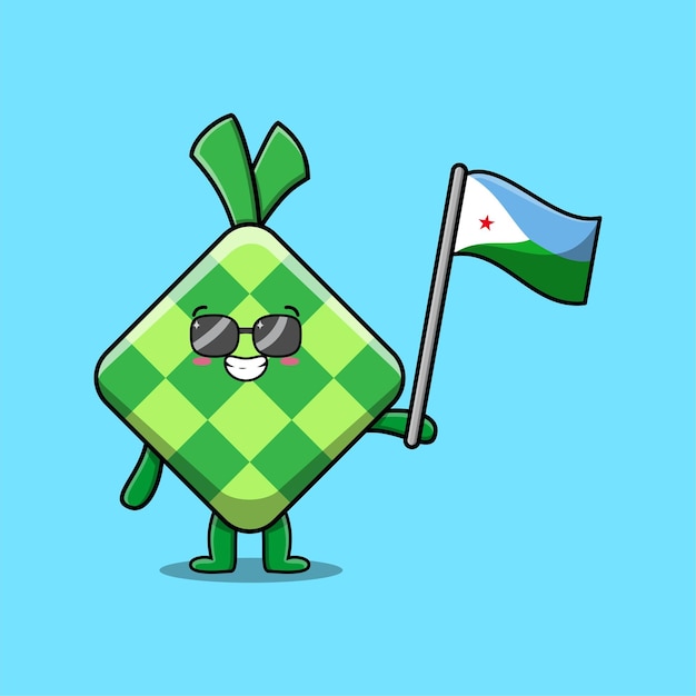 Niedliche ketupat-maskottchen-zeichentrickfigur mit dschibuti-landesflagge in modernem design