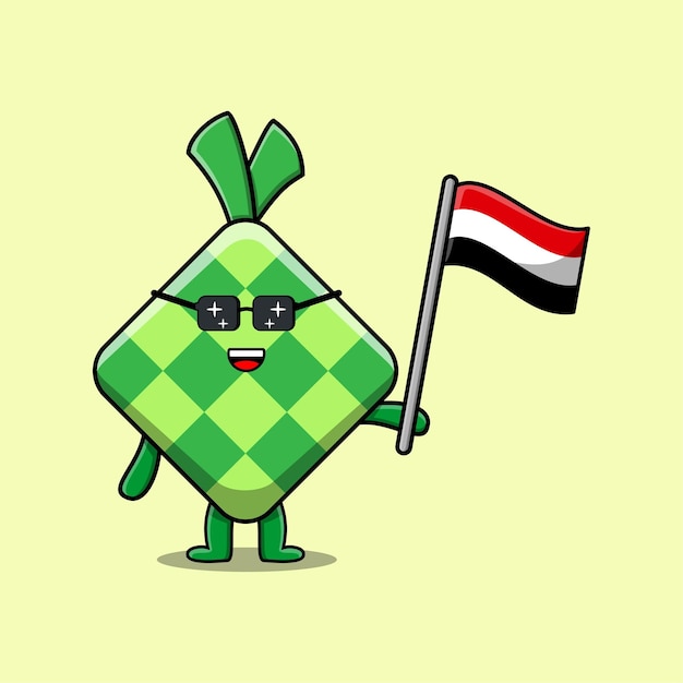 Niedliche ketupat-maskottchen-zeichentrickfigur mit flagge des jemen-landes in modernem design