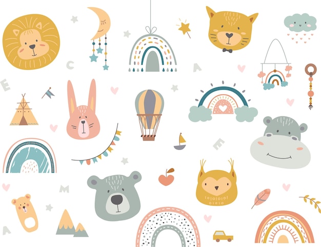 Niedliche Kindergarten-Baby-Elemente Abstrakte Kunsttier-Regenbogenelemente Handgezeichnetes europäisches Boho-Design Cartoon-Bär leo Skandinavischer edler Vektorsatz