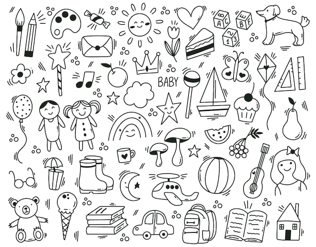 Niedliche kindische Kindergarten handgezeichnete Doodle-Elemente. Lustige handgezeichnete Kinder lernen und spielen Vektorsymbole. Doodle-Baby-Symbole