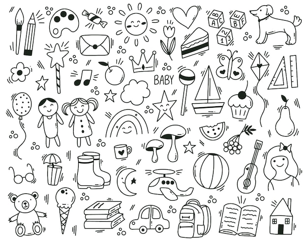 Niedliche kindische kindergarten handgezeichnete doodle-elemente. lustige handgezeichnete kinder lernen und spielen vektorsymbole. doodle-baby-symbole