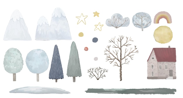 Vektor niedliche kindliche illustration mit elementen der winterlandschaft mit haus, bäumen und bergen
