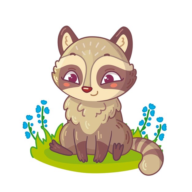 Niedliche kleine Waschbären sitzen auf Gras mit Blumen im Cartoon-Stil Vektor-Illustration für Kinder