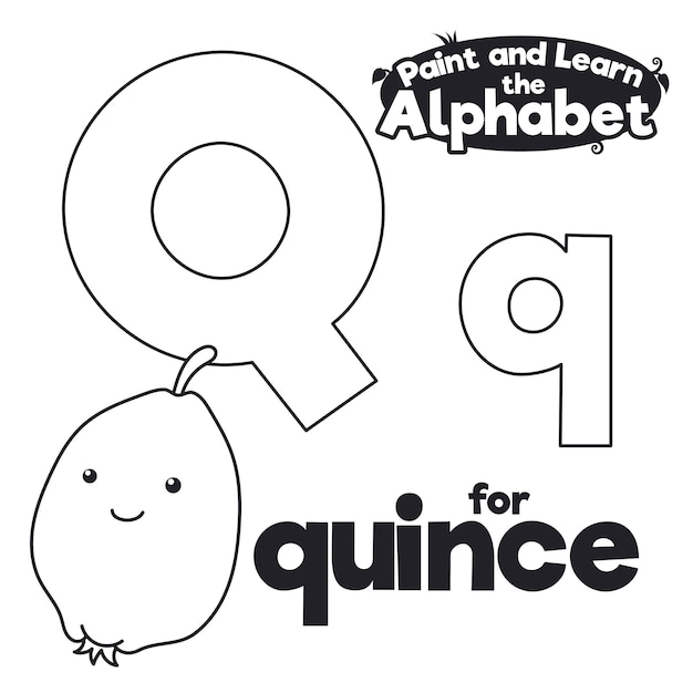 Niedliche lächelnde Quitte mit den Buchstaben „Q“, bereit zum Ausmalen während des didaktischen Alphabetlernens