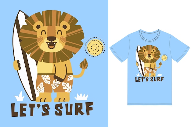 Niedliche löwe-surf-illustration mit t-shirt-design-premium-vektor