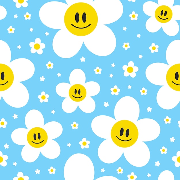 Niedliche lustige kawaii lächeln gesicht blumen auf blauem hintergrund nahtlose mustervektor cartoon kawaii charakter illustration designpositives vintage lächeln gesichtkamillenblume nahtloses musterkonzept