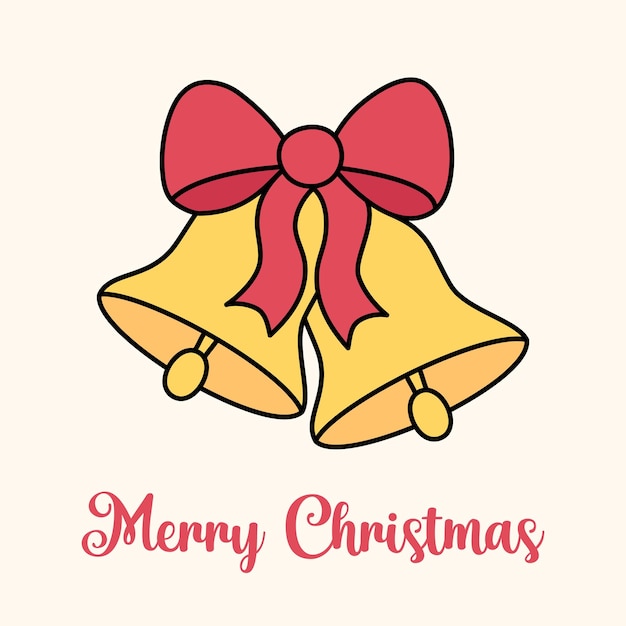 Niedliche Merry Chrismas-Grußkarte mit goldenen Glocken und Schleife Quadratische Vektordarstellung von zwei Umriss-Jingle-Glocken Zusammensetzung von Weihnachtssymbol und Vintage-Text