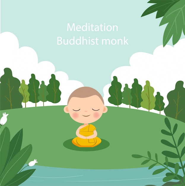 Vektor niedliche mönchkarikatur machen meditation unter dem baum