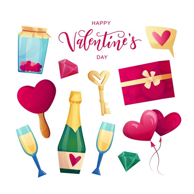 Niedliche Objekte und Elemente des Valentinstags
