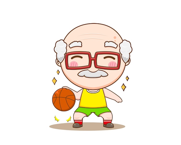 Niedliche opa-cartoon-figur. großvater, der basketball-chibi-illustration spielt.