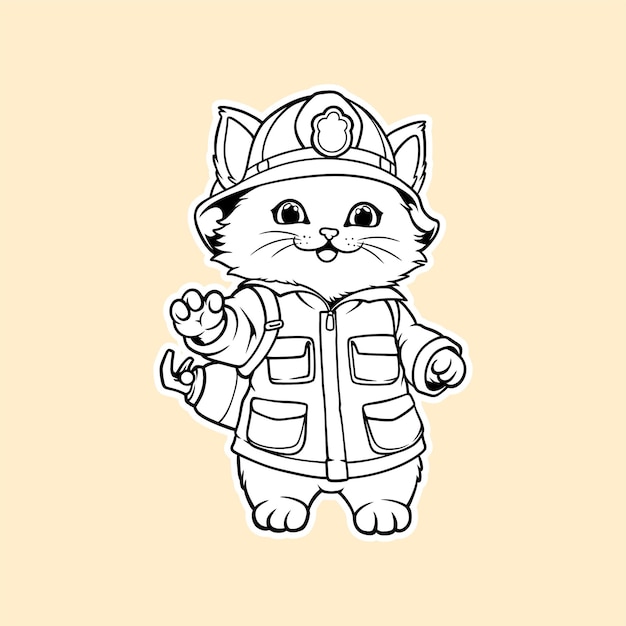 Niedliche orangefarbene katze in feuerwehruniform mit schlagstock, eichhörnchen-charakter-vektor-illustration