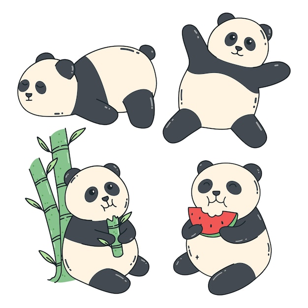 Niedliche panda-bärensammlung mit kawaii-panda im doodle-stil mit verschiedenen ausdrucksformen und positionen