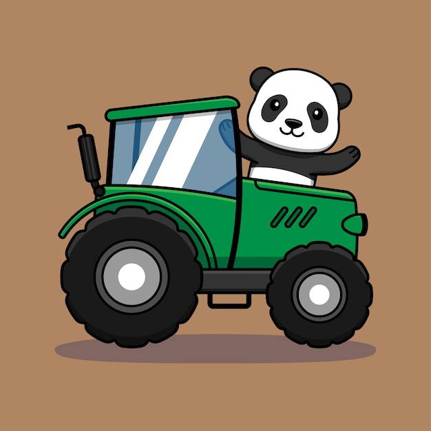 Niedliche panda-cartoon-figur, die einen traktor fährt. vektorillustration