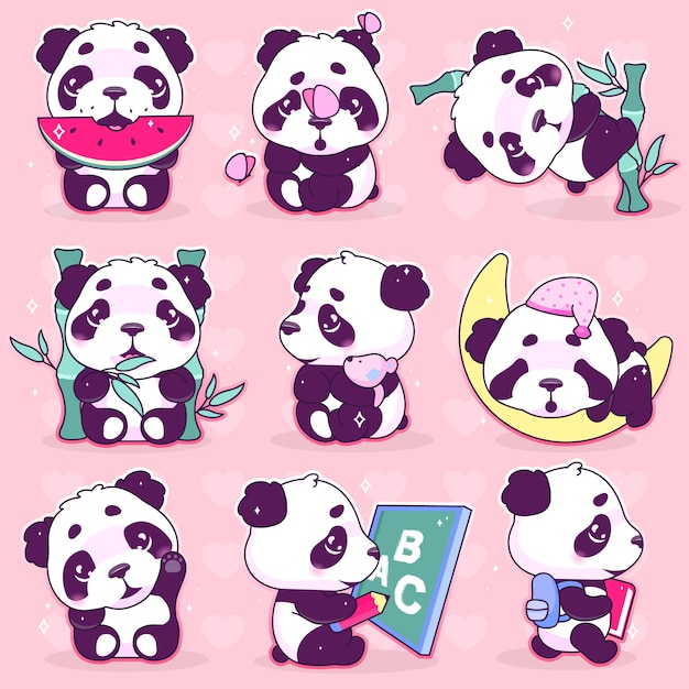 Niedliche panda kawaii cartoon-vektor-zeichen festgelegt