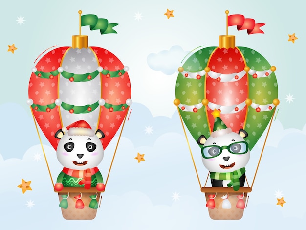 Niedliche panda-weihnachtsfiguren auf heißluftballon mit einer weihnachtsmütze, einer jacke und einem schal