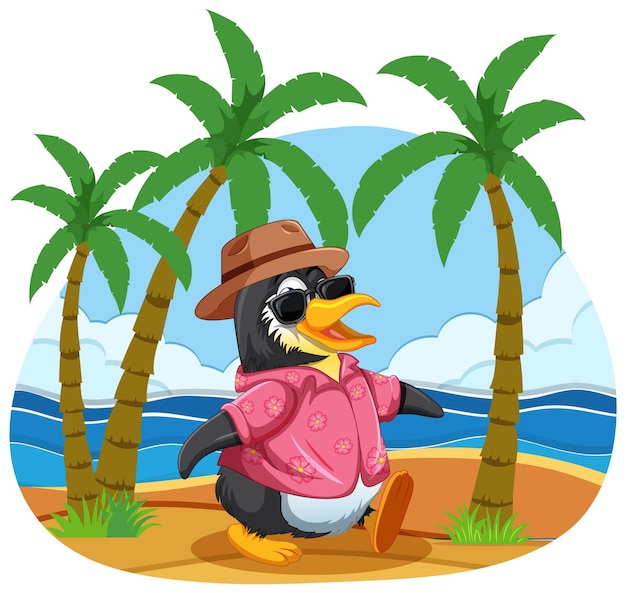 Niedliche pinguin-cartoon-figur im sommerurlaub