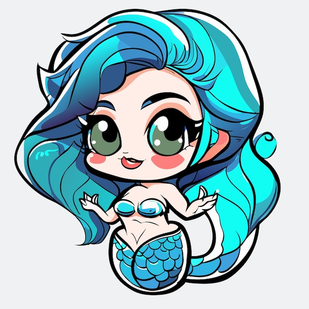 Vektor niedliche prinzessin meerjungfrau mädchen chibi kawaii handgezeichnete cartoon-aufkleber-symbol-konzeptillustration