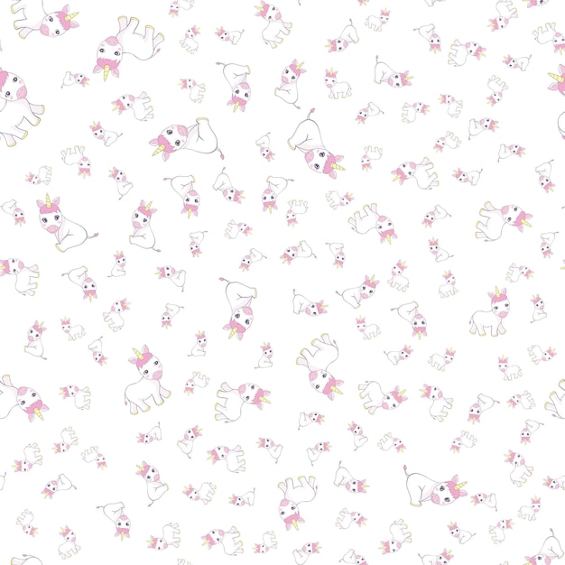 Niedliche rosa baby einhorn muster doodle little pony cartoon illustration charakter vektorgrafiken für textilien