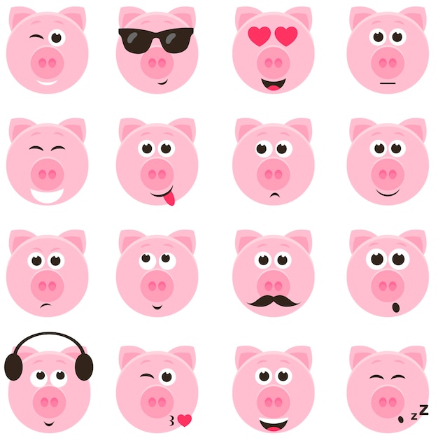 Niedliche rosa schweine mit verschiedenen emotionen eingestellt