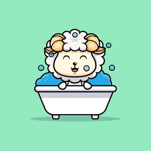 Niedliche schafe in der badewanne cartoon symbol charakter chibi tier maskottchen illustration vektor