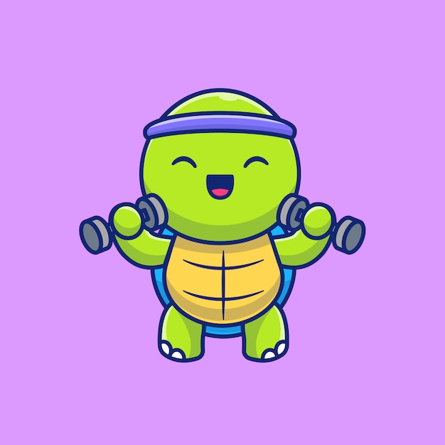 Niedliche schildkröte, die hanteln cartoon icon illustration hebt. animal gym fitness icon konzept isoliert. flacher cartoon-stil