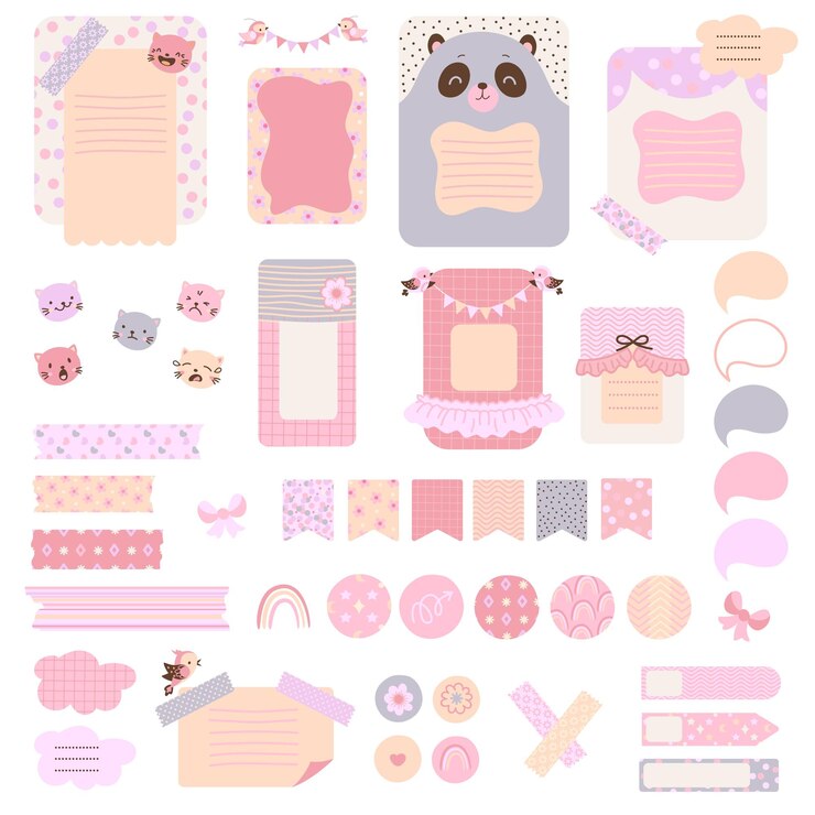 Niedliche Scrapbook-Elemente. Beauty-Aufklebernotizen, Kinderplanung oder Tagebuch-Notizaufkleber, Scrapbooking-Tagesplaner-Dekor oder Tagebuch, heutzutage Vektor-Cliparts