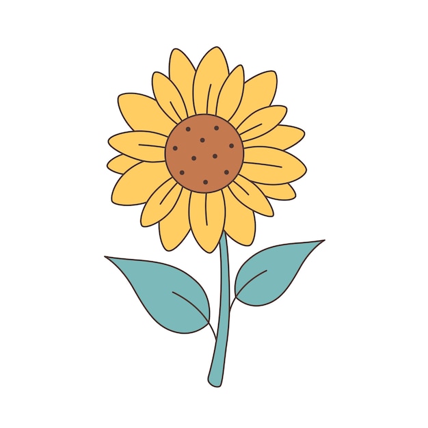 Niedliche Sonnenblume mit grünen Blättern. Vektorillustration im Vintage-Retro-Stil im flachen Stil