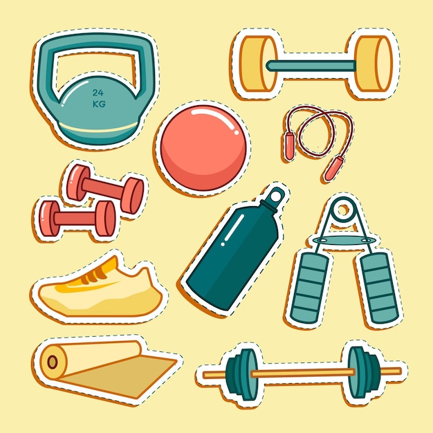 Vektor niedliche sticker-set-illustration für trainings- und fitnessobjekte