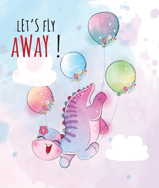 Niedliche tierische kleine dinosaurier, die mit ballonillustration fliegen - niedliches tieraquarell