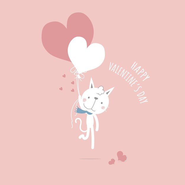 Niedliche und schöne handgezeichnete Katzen- und Herzballons Happy Valentines Day Birthday Love Concept