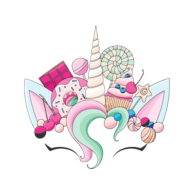 Niedliche vektorillustration des einhorns. kopf mit süßigkeiten und cupcake. karten- und hemdendesign.