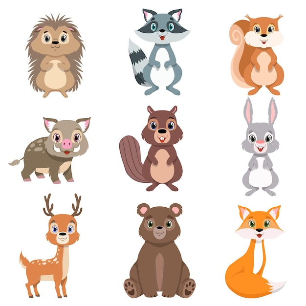 Niedliche Waldtiere und Vögel setzen Eichhörnchen Hase Eber Waschbär Igel Fuchs Bär Hirsch Zeichentrickfiguren Vektor Illustration isoliert auf weißem Hintergrund