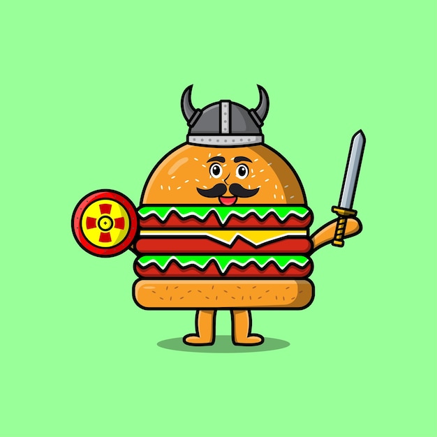 Vektor niedliche zeichentrickfigur burger-wikinger-pirat mit hut und schwert- und schildillustration
