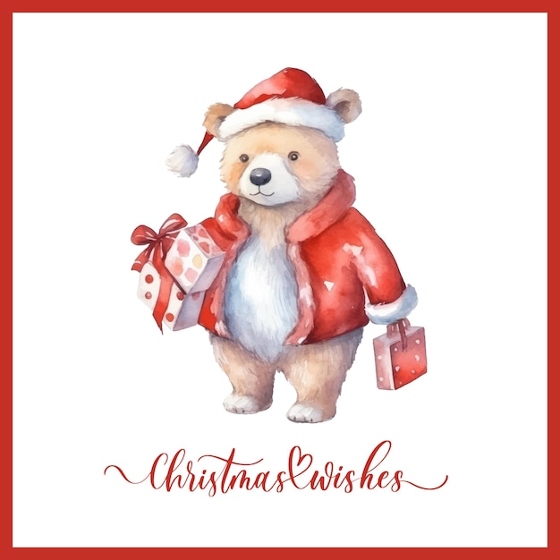 Niedlicher Aquarell-Weihnachtsplüsch-Teddybär mit Geschenkboxen, Weihnachtswünsche, Kalligraphiekarte