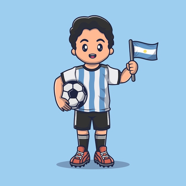 Niedlicher argentinischer Fußballspieler im Kit mit Flaggen- und Ball-Cartoon-Vektor-Symbol-Illustration.