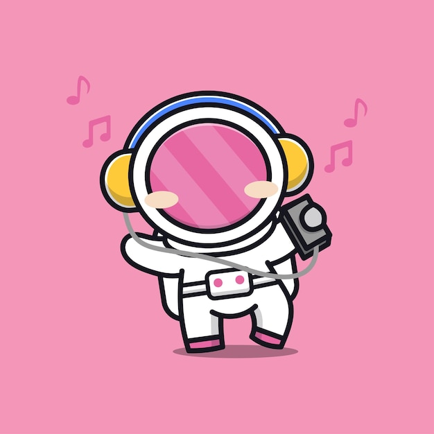 Niedlicher astronaut, der musikkarikaturillustration hört